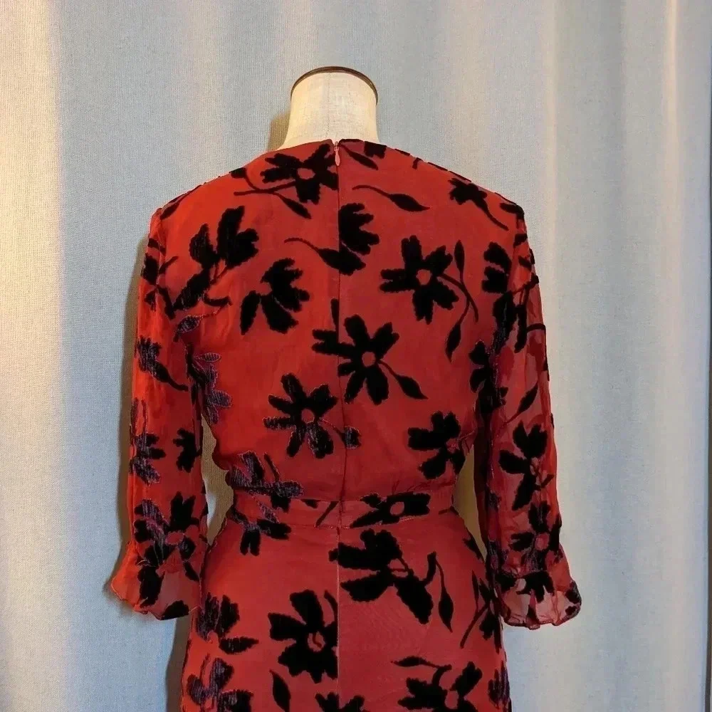 Saloni Red Chiffon V Maxi Dress Black Velvet Flowers Size 2 Edith Devor